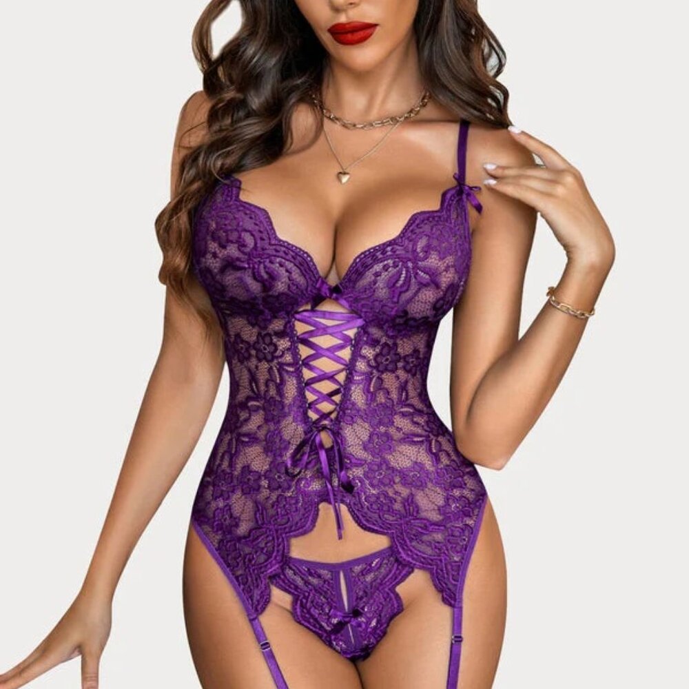 Purple Lace Lingerie Sets with Garter Belts, S